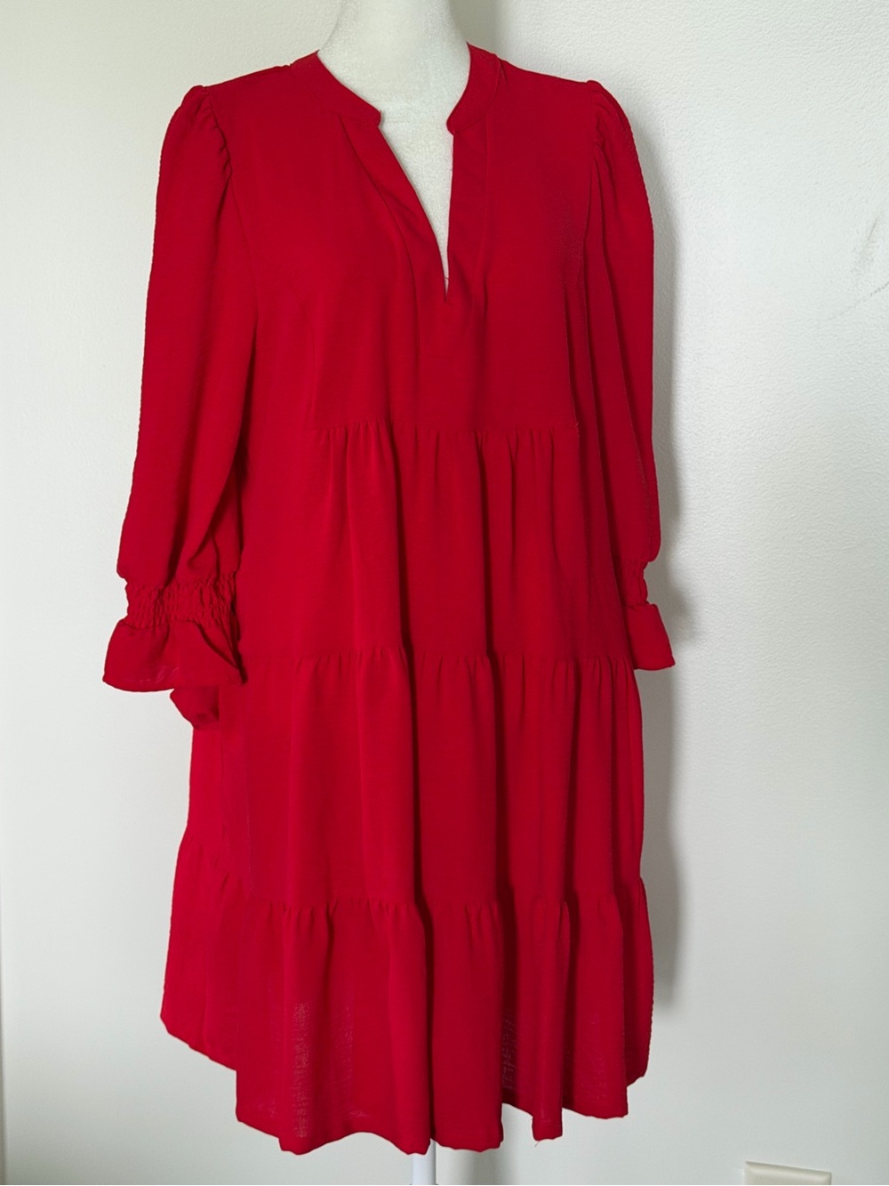 Umgee Bright Red Tiered V-Neck Long Sleeve Dress